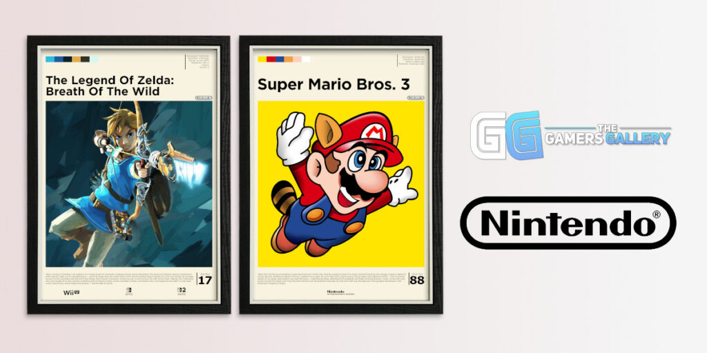 Framed Legend of Zelda and Super Mario Nintendo posters with a Nintendo logo and Gamers Gallery logo