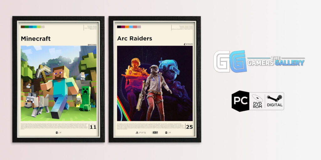 Framed Minecraft and Arc Raiders PC posters with a PC logo and Gamers Gallery logo