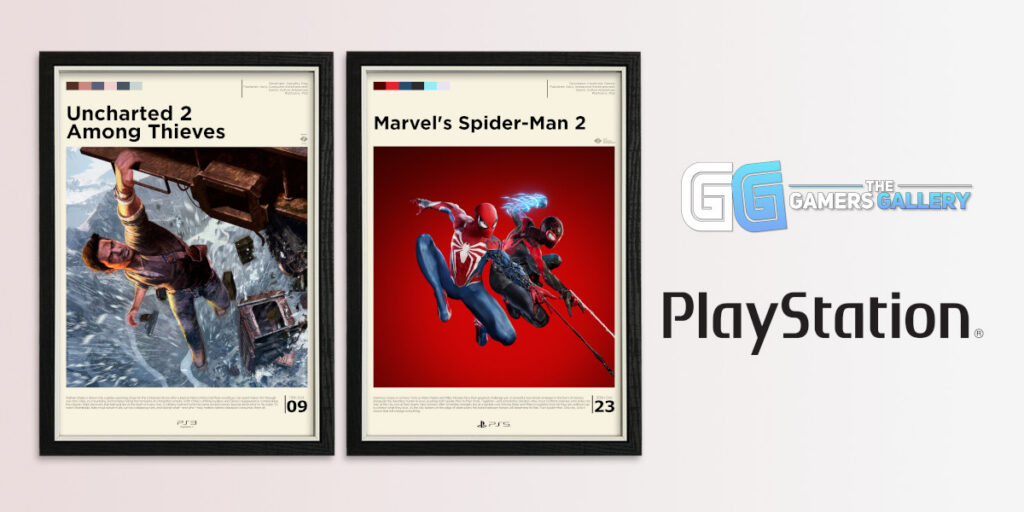 Framed Uncharted 2 and Spider-Man 2 PlayStation posters with a PlayStation logo and Gamers Gallery logo