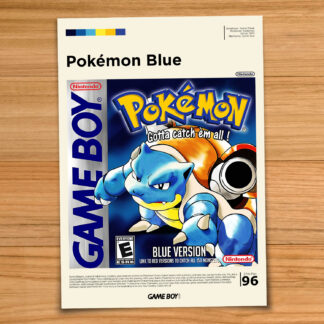Gallery-style Pokemon Blue poster on a wood table background