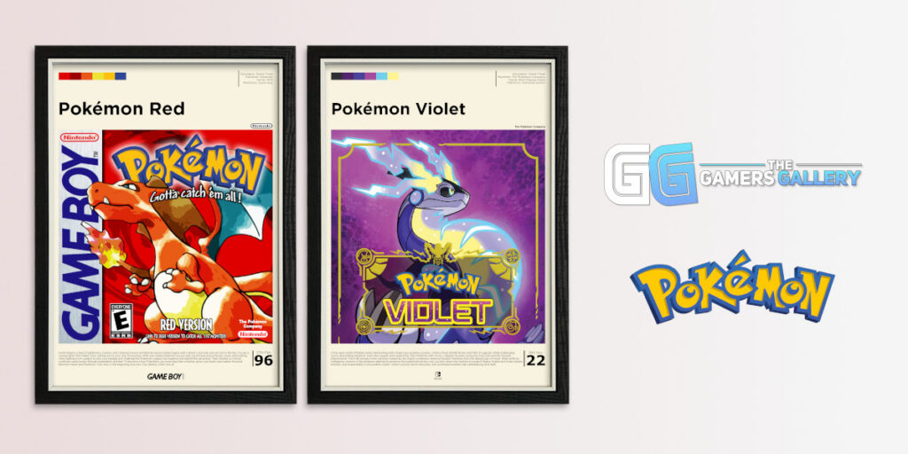 Framed Pokemon Red and Pokemon Violet Pokemon posters with a Pokemon logo and Gamers Gallery logo