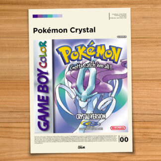 Gallery-style Pokemon Crystal poster on a wood table background