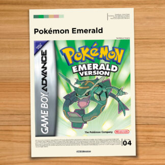 Gallery-style Pokemon Emerald poster on a wood table background
