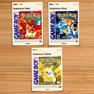 Pokemon Gen 1 poster set, including Pokemon Red, Blue and Yellow on a wood table background