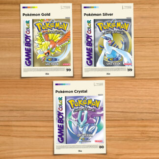 Pokemon Gen 2 poster set, including Pokemon Gold, Silver and Crystal on a wood table background