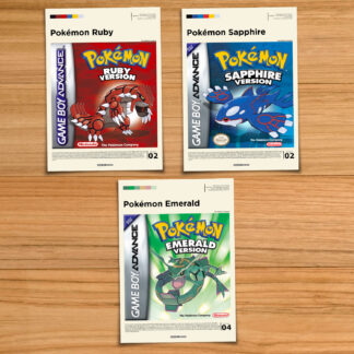 Pokemon Gen 3 poster set, including Pokemon Ruby, Sapphire and Emerald on a wood table background