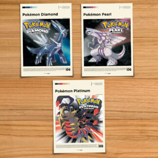 Pokemon Gen 4 poster set, including Pokemon Diamond, Pearl and Platinum on a wood table background