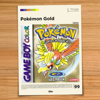 Gallery-style Pokemon Gold poster on a wood table background