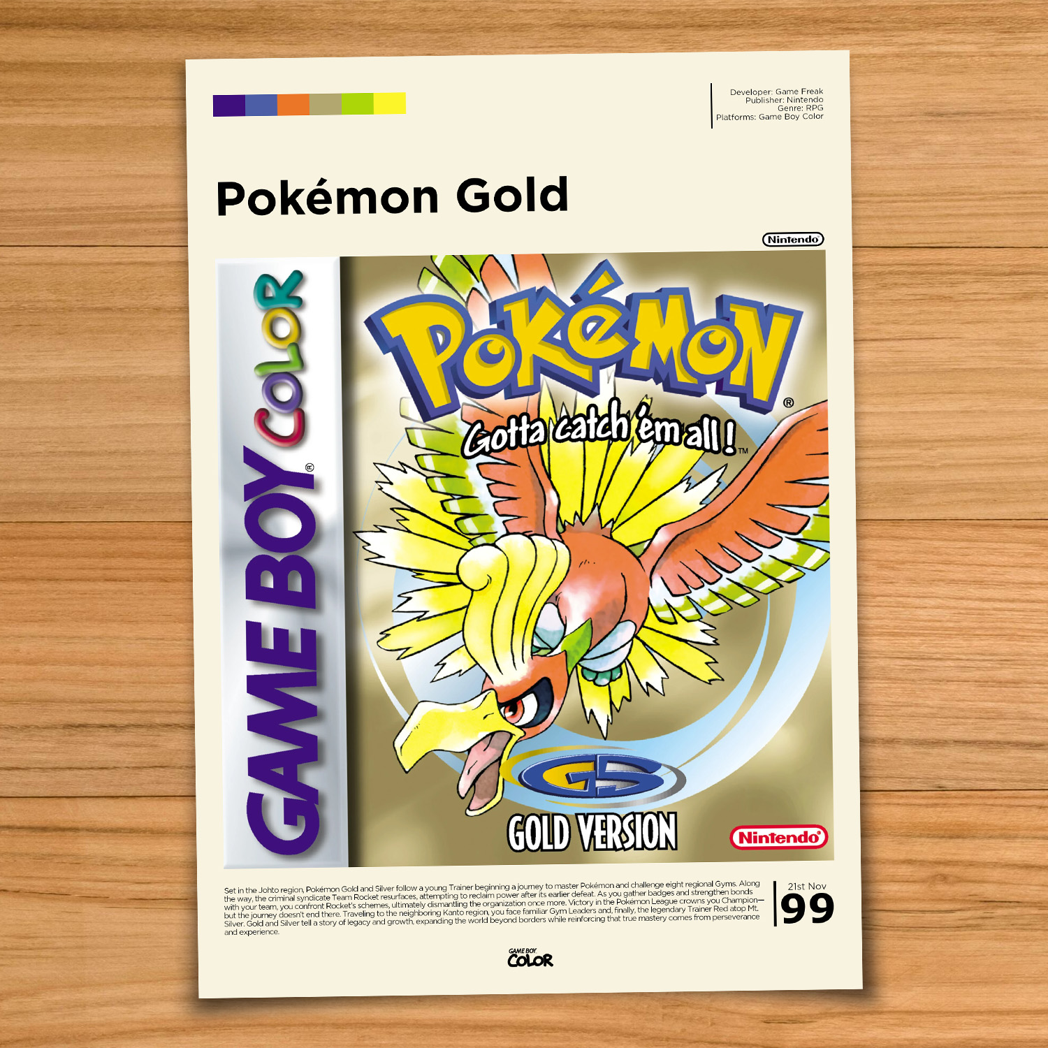 Gallery-style Pokemon Gold poster on a wood table background