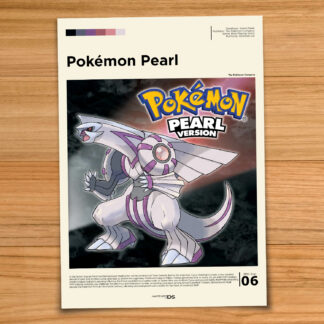 Gallery-style Pokemon Pearl poster on a wood table background