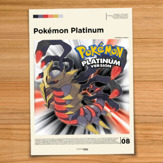 Gallery-style Pokemon Platinum poster on a wood table background