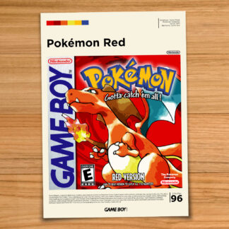Gallery-style Pokemon Red poster on a wood table background