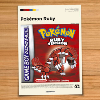 Gallery-style Pokemon Ruby poster on a wood table background