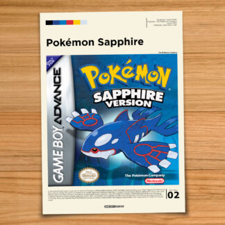 Gallery-style Pokemon Sapphire poster on a wood table background