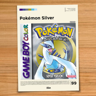 Gallery-style Pokemon Silver poster on a wood table background