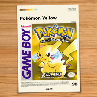 Gallery-style Pokemon Yellow poster on a wood table background