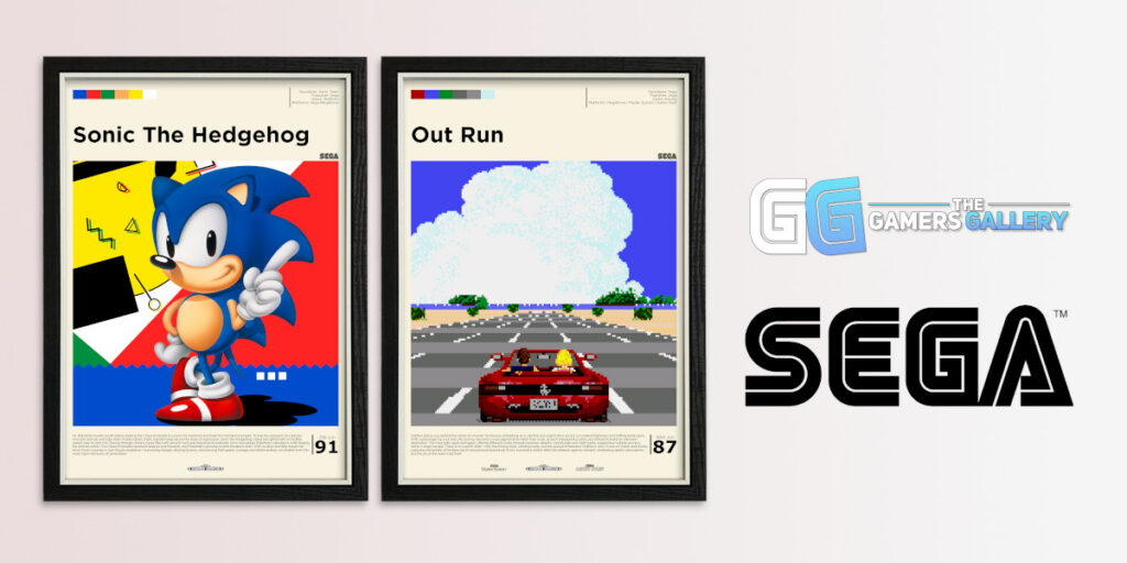 Framed Sonic the Hedgehog and Out Run Sega posters with a Sega logo and Gamers Gallery logo