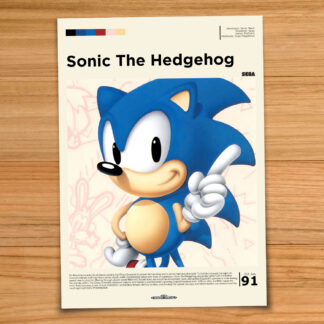 Gallery-style Sonic the Hedgehog poster on a wood table background