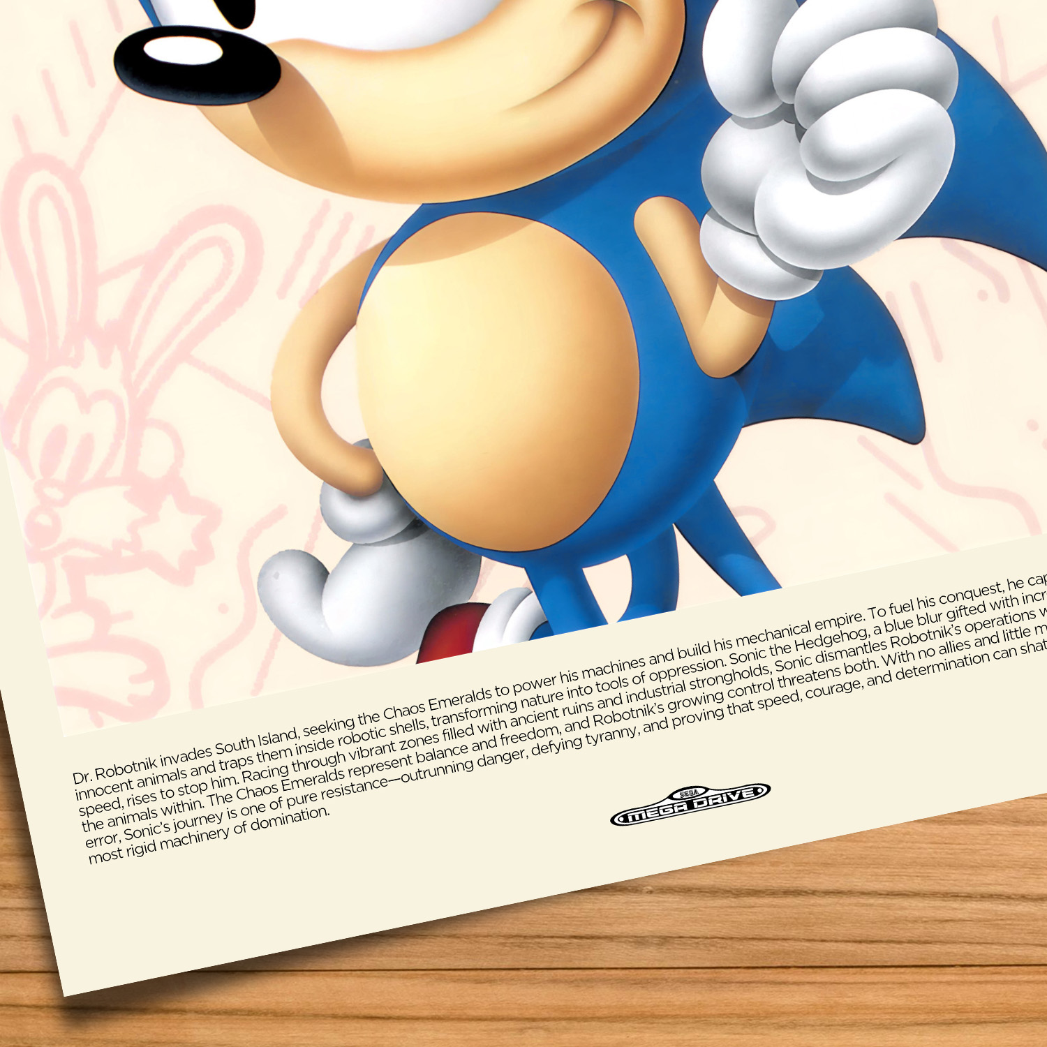 Gallery-style Sonic the Hedgehog poster on a wood table background