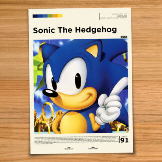 Gallery-style Sonic the Hedgehog poster on a wood table background