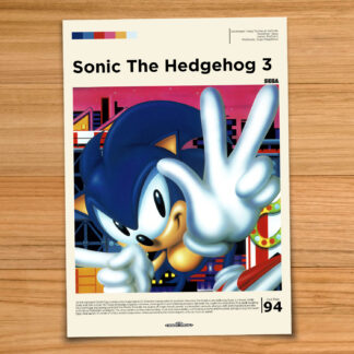 Gallery-style Sonic the Hedgehog 3 poster on a wood table background