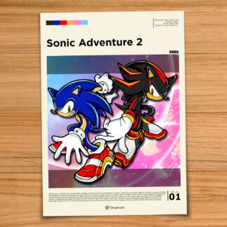 Gallery-style Sonic Adventure 2 poster on a wood table background