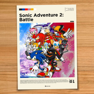 Gallery-style Sonic Adventure 2 Battle poster on a wood table background