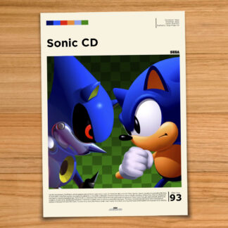 Gallery-style Sonic CD poster on a wood table background