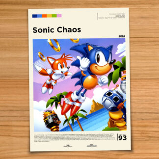 Gallery-style Sonic Chaos poster on a wood table background