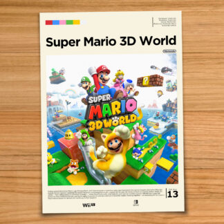 Gallery-style Super Mario 3D World poster on a wood table background