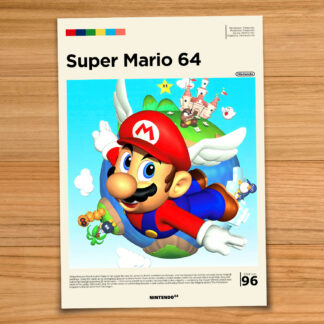 Gallery-style Super Mario 64 poster on a wood table background
