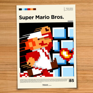 Gallery-style Super Mario Bros poster on a wood table background