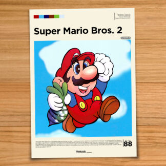 Gallery-style Super Mario Bros 2 poster on a wood table background