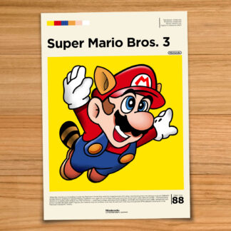 Gallery-style Super Mario Bros 3 poster on a wood table background