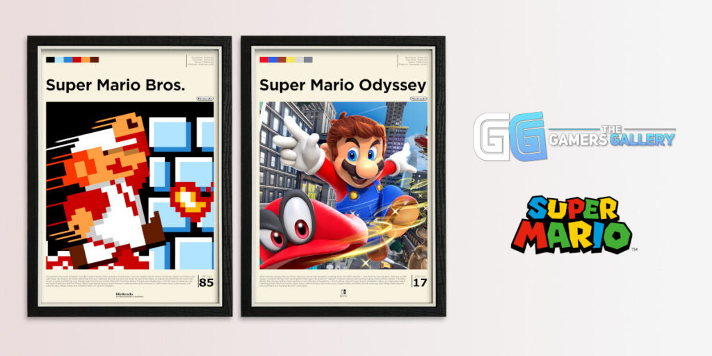 Framed Super Mario Bros and Super Mario Odyssey Super Mario posters with a Super Mario logo and Gamers Gallery logo