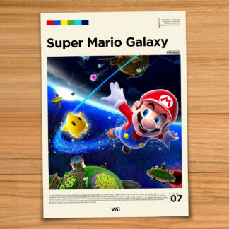 Gallery-style Super Mario Galaxy poster on a wood table background