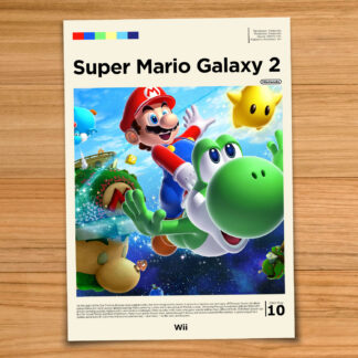 Gallery-style Super Mario Galaxy 2 poster on a wood table background