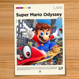 Gallery-style Super Mario Odyssey poster on a wood table background
