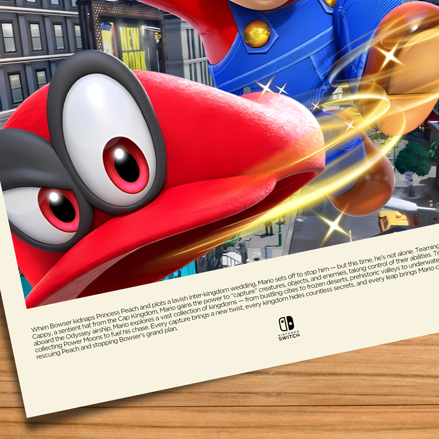 Gallery-style Super Mario Odyssey poster on a wood table background