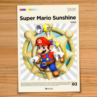 Gallery-style Super Mario Sunshine poster on a wood table background