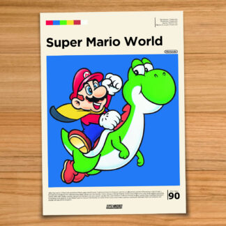 Gallery-style Super Mario World poster on a wood table background