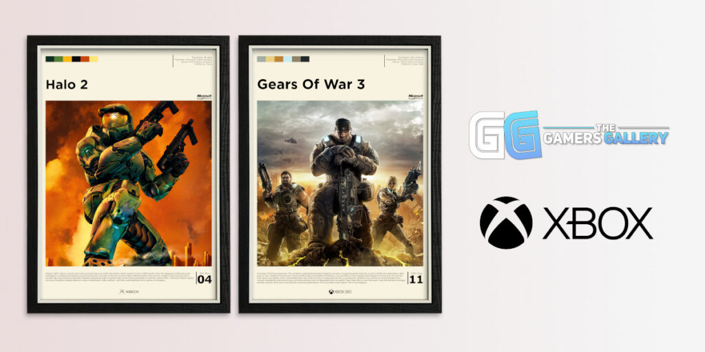 Framed Halo 2 and Gears of War 3 Xbox posters with an Xbox logo and Gamers Gallery logo