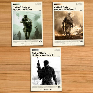 Modern Warfare Trilogy poster set, including Call of Duty 4: Modern Warfare, MW2 and MW3 on a wood table background