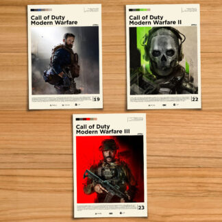 Modern Warfare Reboot Trilogy poster set, including Call of Duty Modern Warfare, MWII and MWIII on a wood table background