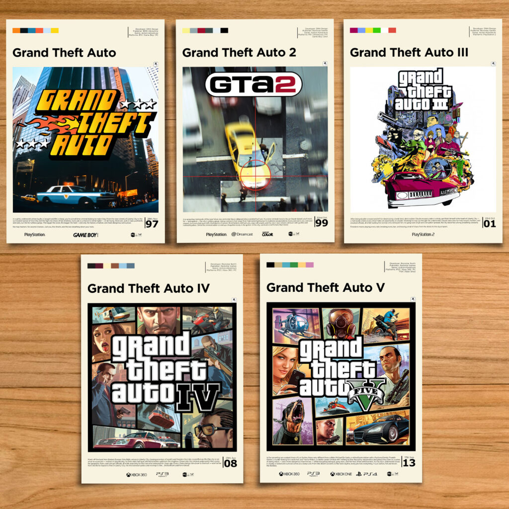 GTA poster set, including Grand Theft Auto, GTA 2, GTA III, GTA IV and GTA V on a wood table background