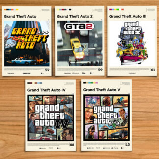 GTA poster set, including Grand Theft Auto, GTA 2, GTA III, GTA IV and GTA V on a wood table background