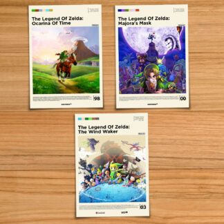 Legend of Zelda poster bundle, including Ocarina of Time, Majora's Mask and The Wind Waker on a wood table background