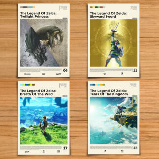 Legend of Zelda poster bundle, including Twilight Princess, Skyward Sword, Breath of the Wild and Tears of the Kingdom on a wood table background