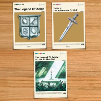 Legend of Zelda poster bundle, including Legend of Zelda, Zelda II Adventure of Link, and A Link to the Past on a wood table background