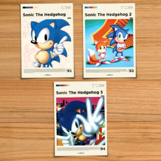 Sonic the Hedgehog Mega Drive trilogy poster set, including Sonic the Hedgehog 1, 2 and 3 on a wood table background